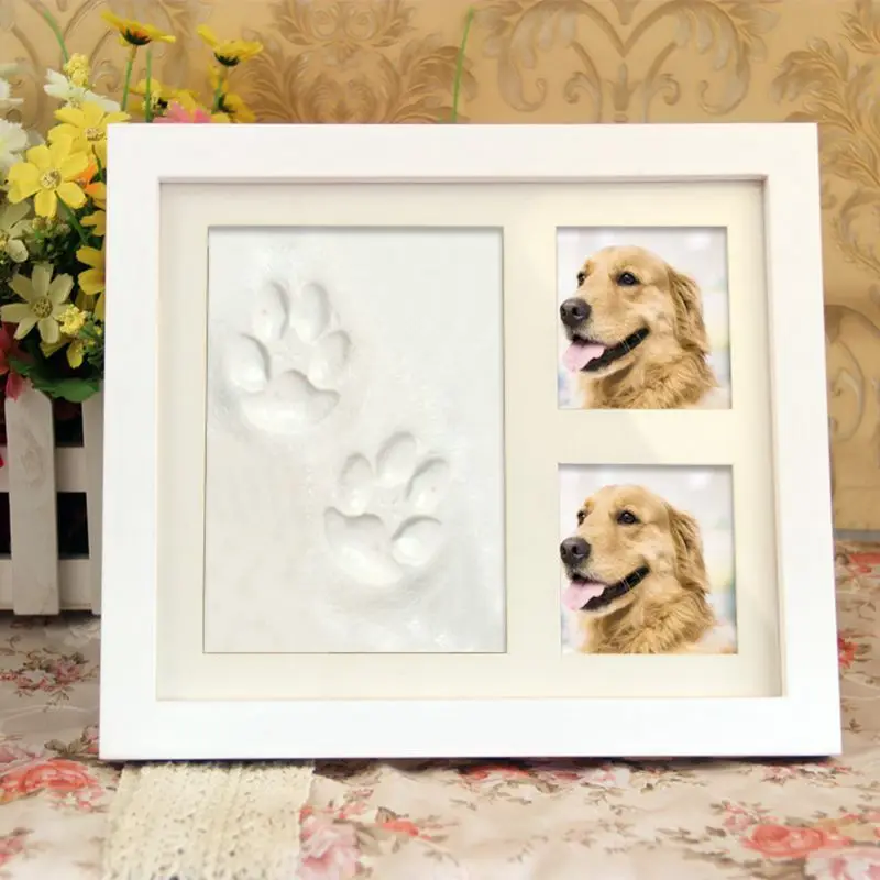 Pfotenabdruck-Andenken-Set und Bilderrahmen für Haustiere, Premium-Fotorahmen aus Holz, Tonform für Hunde oder Katzen für Pfotenabdrücke und Bonus-Schablone