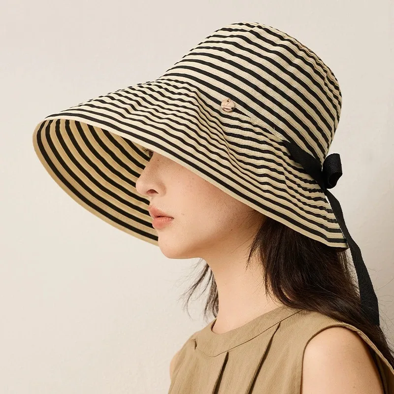Japanese Style Striped Sun Hat New Versatile Foldable Summer UV Protection Wide Brim Fisherman Hat