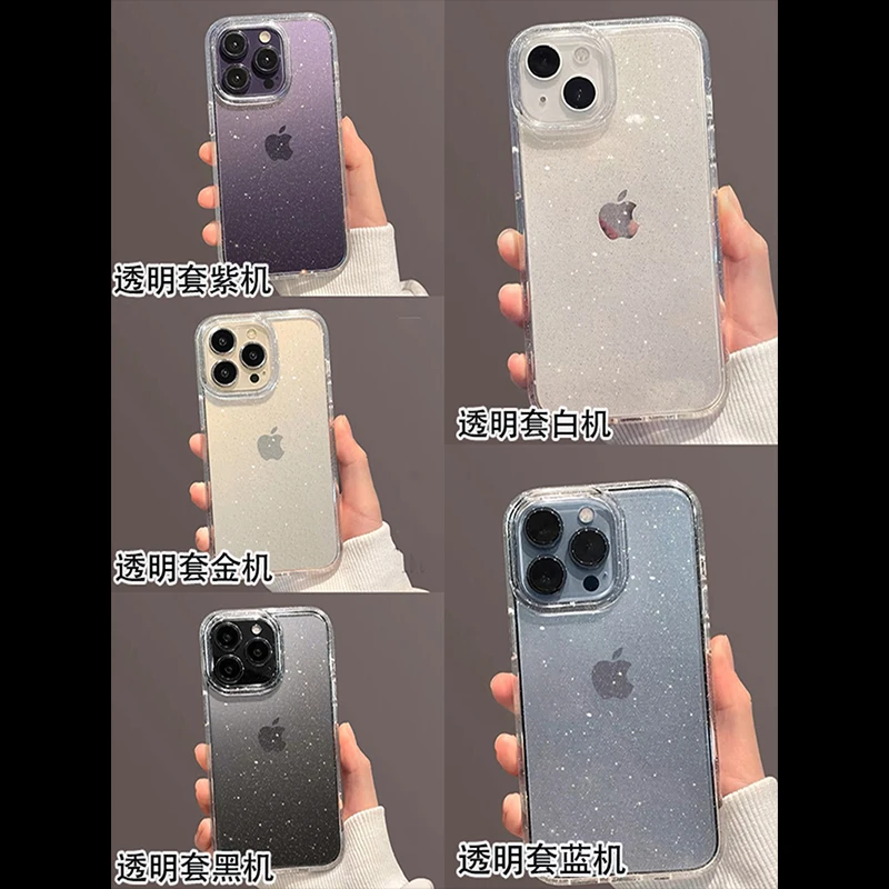 Transparent Simple Glitter Phone Case For iPhone 16 15 14 13 12 11 Pro Max XR XS MAX 7 8 14 PLUS Y2K Shockproof Clear Soft Cover