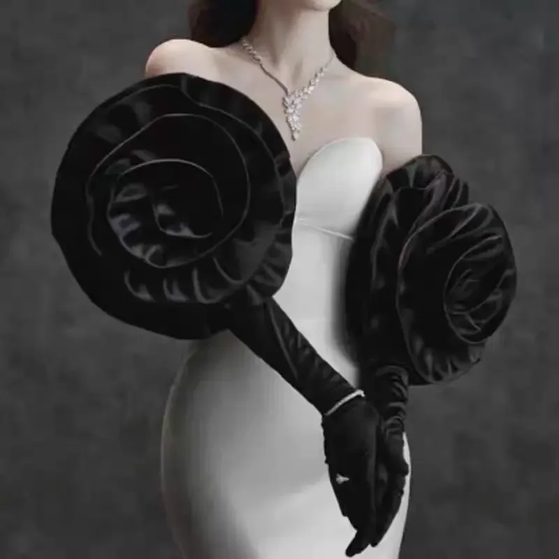 Women's Graceful Elegant Designer Black Satin Flower Gloves Vintage Photography Dress Gloves