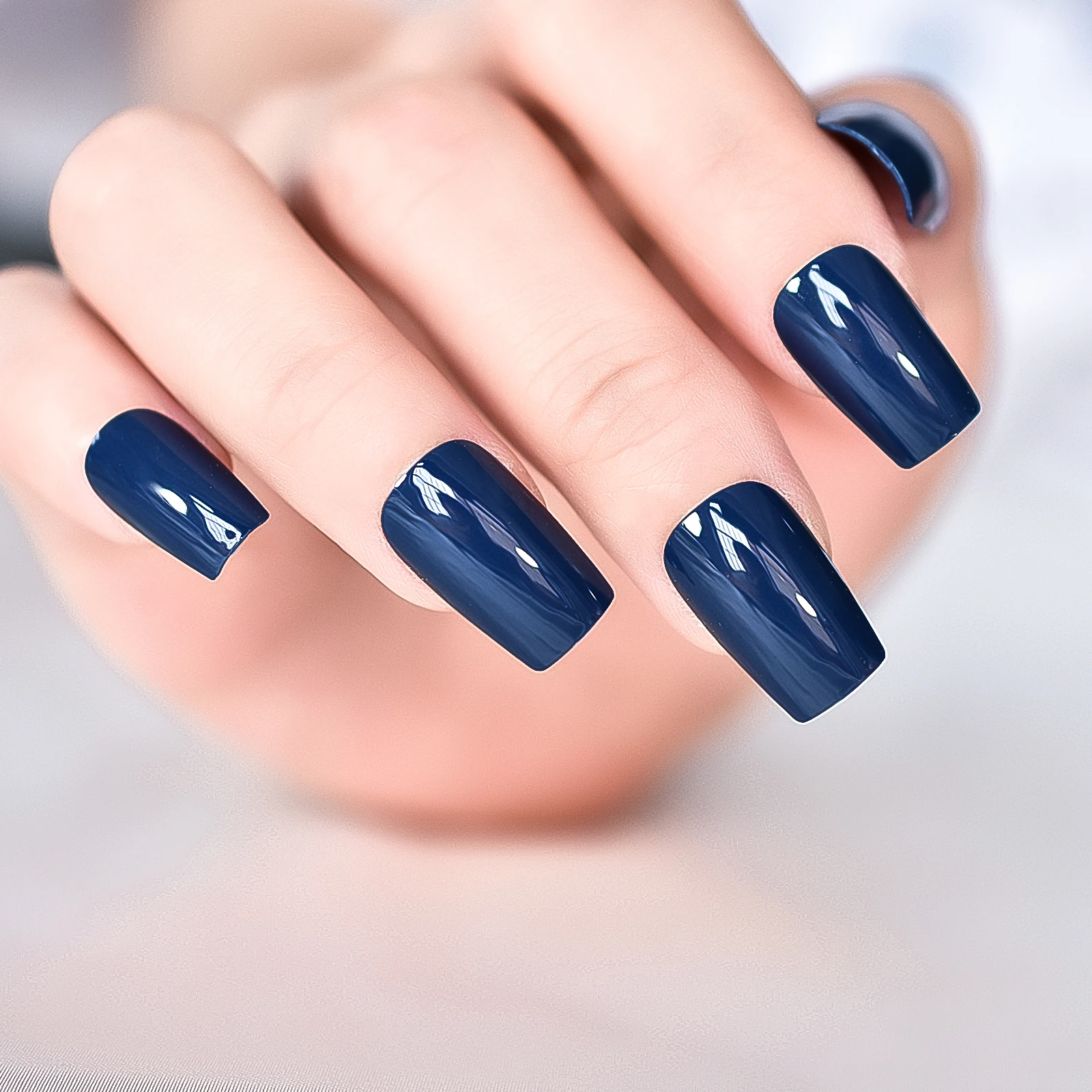 Glossy Dark Blue Press On Nails Square Medium Lenght Nails Salon Manicure Gel Polish Cover Nail Art Tips Fake Nails