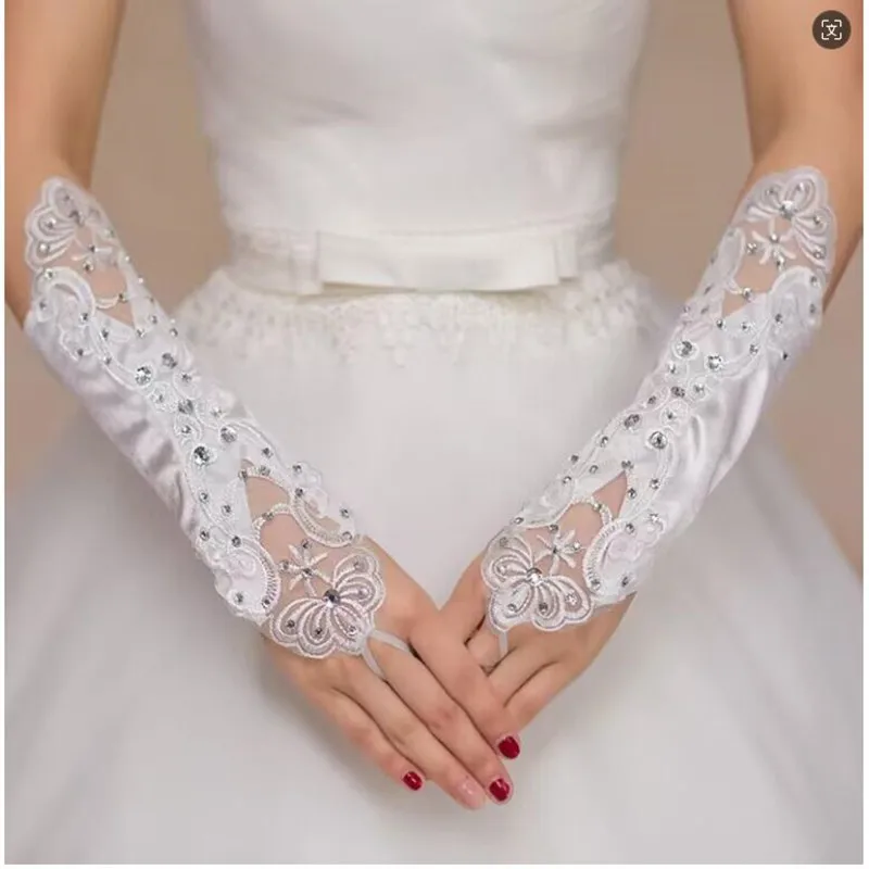 Guantes de novia sin dedos con diamantes de imitación bordados para mujer, longitud del codo, párrafo, accesorios de boda