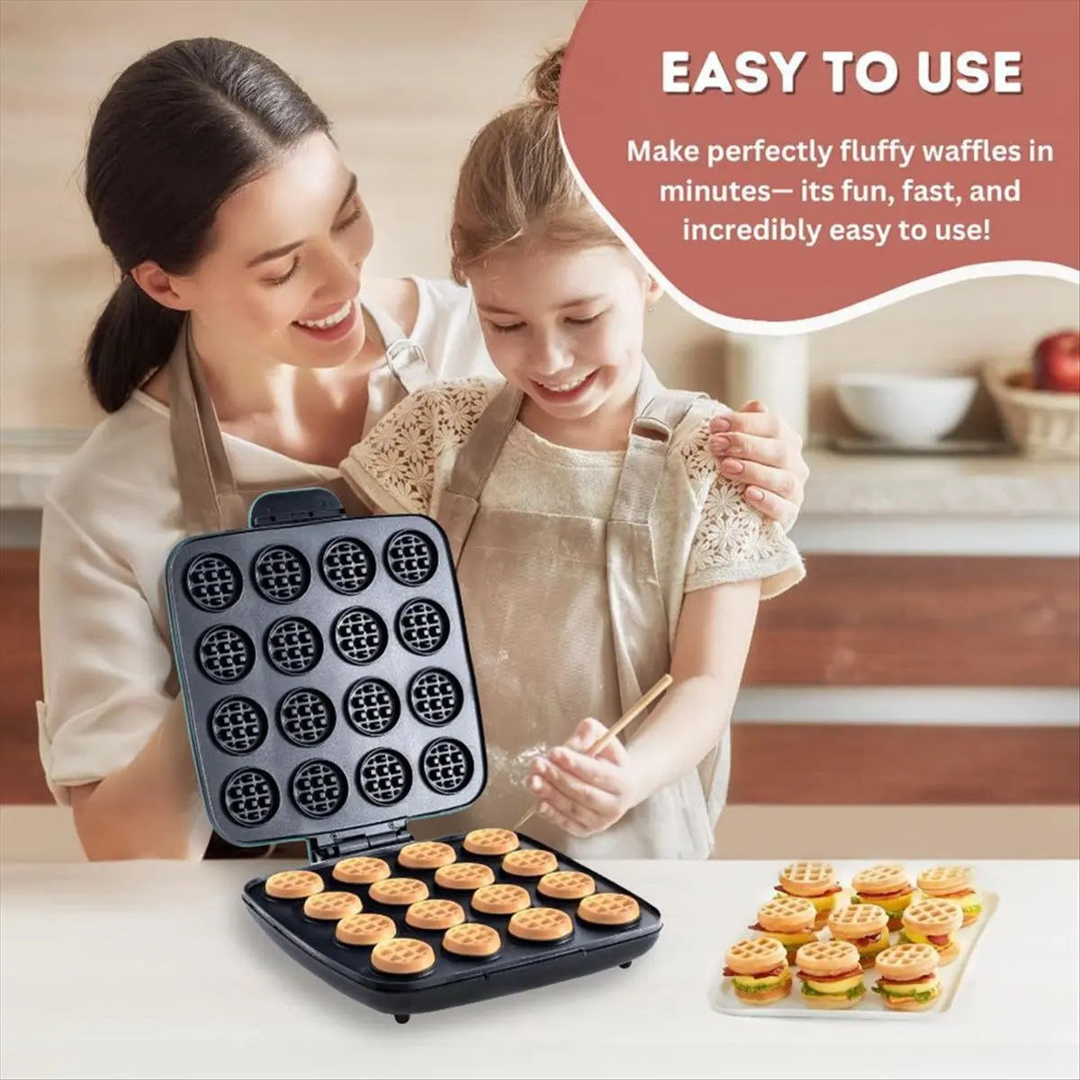uyuy Multi Waffles Maker 16 Waffle Molds Nonstick Waffle Iron with Quick Heat-Up Nonstick Mini Waffles Maker EU Plug