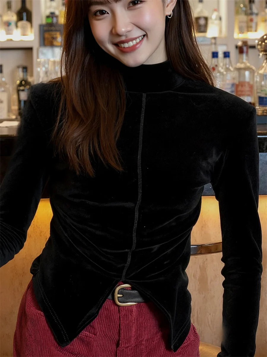 

Футболки с длинным рукавом, женские бархатные роскошные индивидуальные силуэты с тонким боковым полуворотником, современный весенне-осенне-зимний модный слой