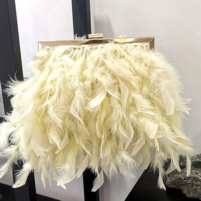 Luxury Ostrich Feather Handmade Evening Bag Beads Beading Handle Women Handbag Wedding Party Clutch Purse Shoulder Crossbody Bag