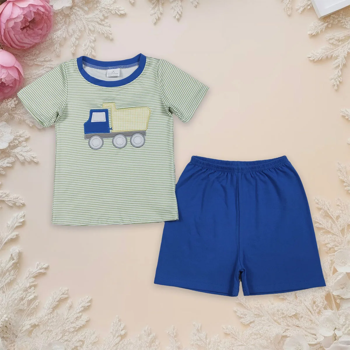 

Cute Style Embroidery Tractors Baby Boy Short Sleeve Stripe Top Shorts Clothes Sets Fashion Toddler Outfits Clothing Wholesale