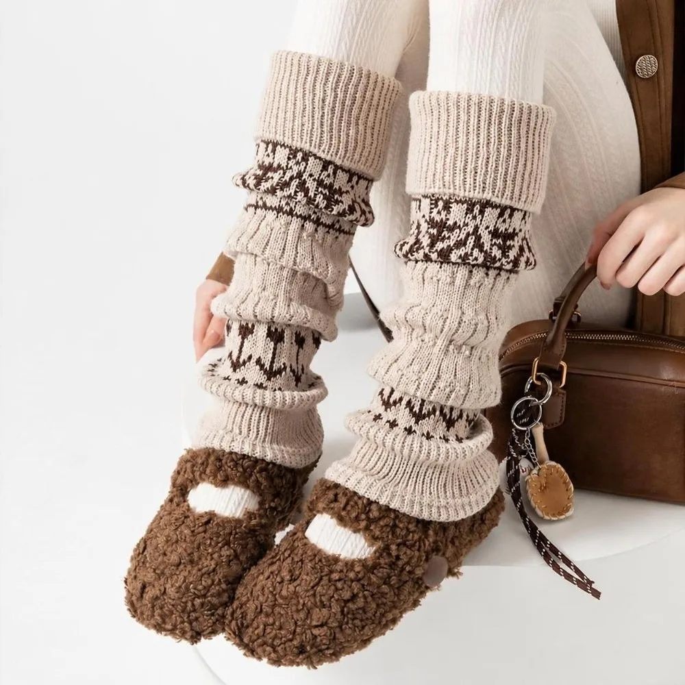 Fair Isle Style Slouch Leg Warmers Cashmere Blend Thick Fleece Calf Socks Stretchy Fabric Sleeve Covers Snow Boot Match