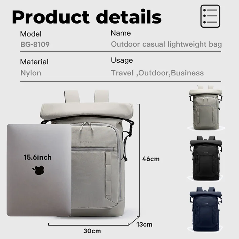 BANGE New Men Casual Waterproof Backpack Fits 15.6 inch Laptop Expandable Urban Travelling School Backpack Daily Splashproof Bag