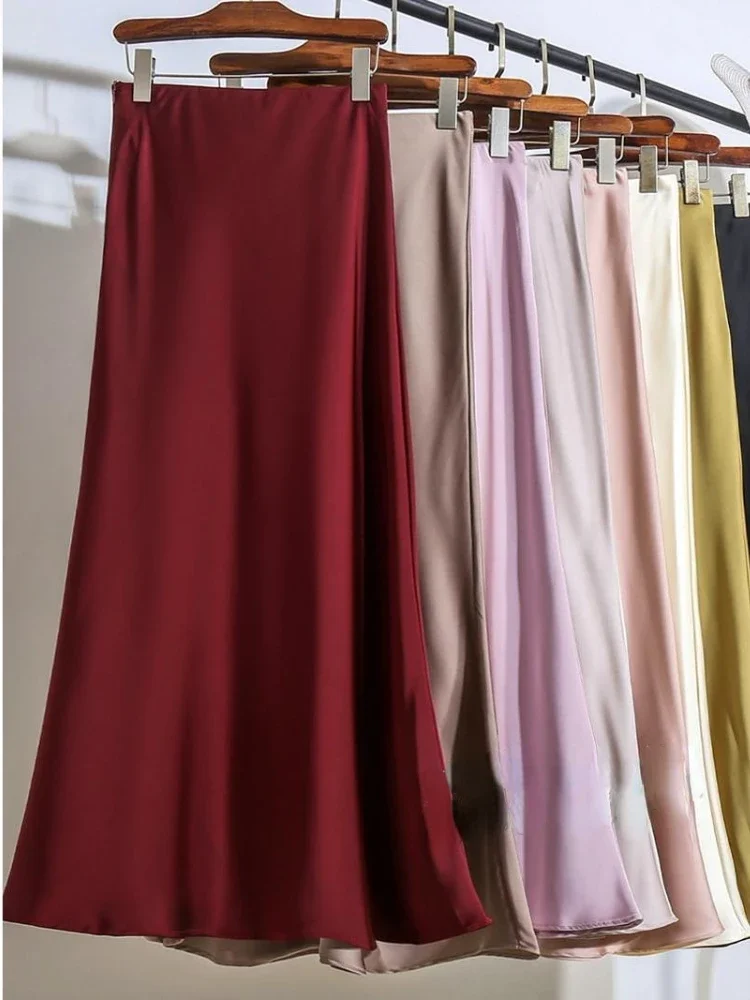 

Women Satin Fishtail Skirts Fashion Streetwear Female Elastic High Waist Skirts Solid Color Summer Ladies Slim Silk A-line Skirt