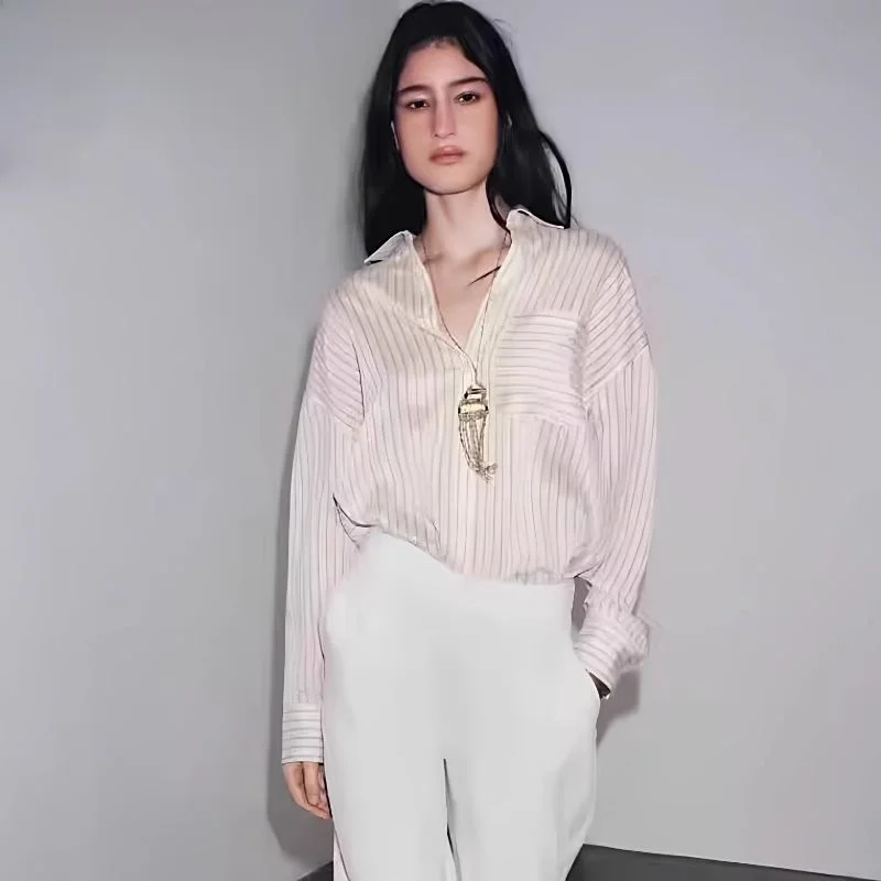 

Casual Loose Long Sve Striped Collar Women's irt Autumn New Arrival Comfortable Breathable Anti-Deformation Faionable