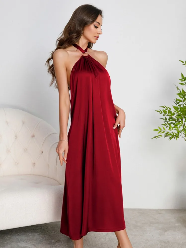 

Dresses For Woman Sexy Elegant Vestidos Halter Neck Evening Long Dress Backless Solid Color Leace-up French Off Shoulder Trendy