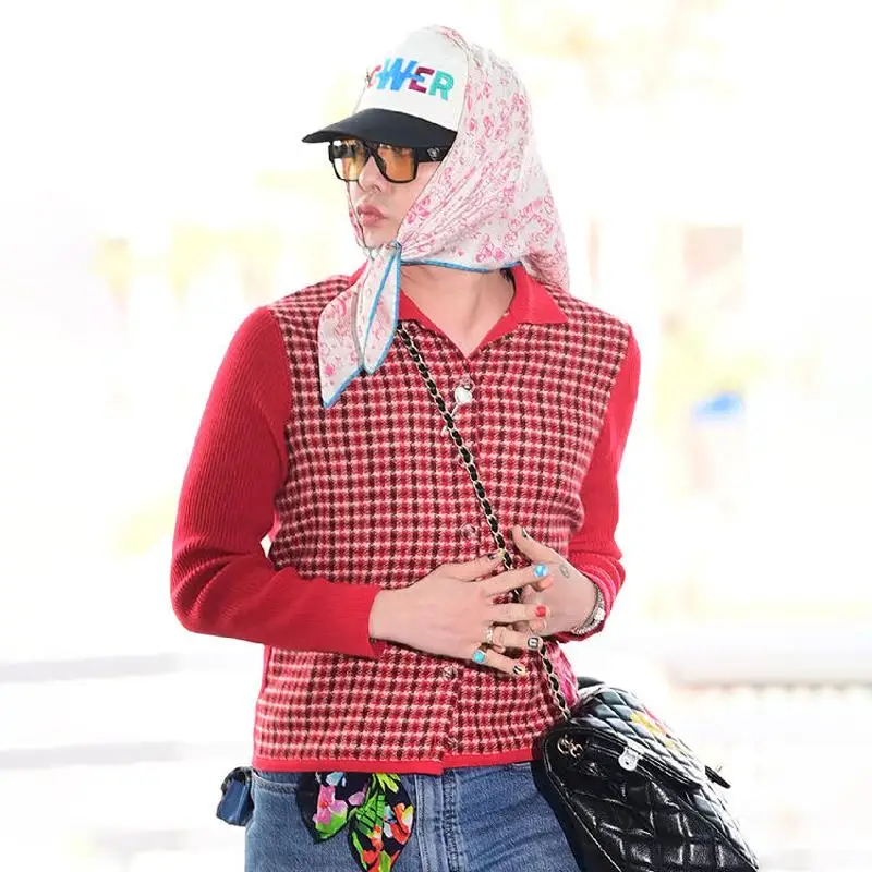 Latest Korean G-Dragon Same Style Power Clothes Red Splicing Thousand Bird Grid Small Fragrant Style Knitted Sweater Jacket Top