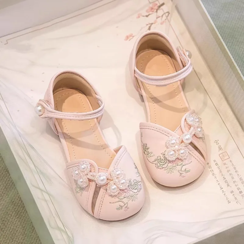 Summer Girl Embroidered Hanfu Princess Sandals Children Soft-soled Breathable Mary Jane Shoe Kids Single-strap Beach Casual Shoe
