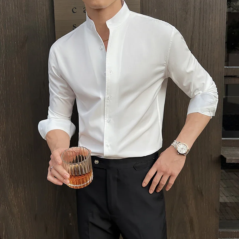 Chemise à col montant pour hommes, nouveau Style chinois, haut de gamme, manches longues, élastique, amincissant, robe sociale, printemps/automne 2025