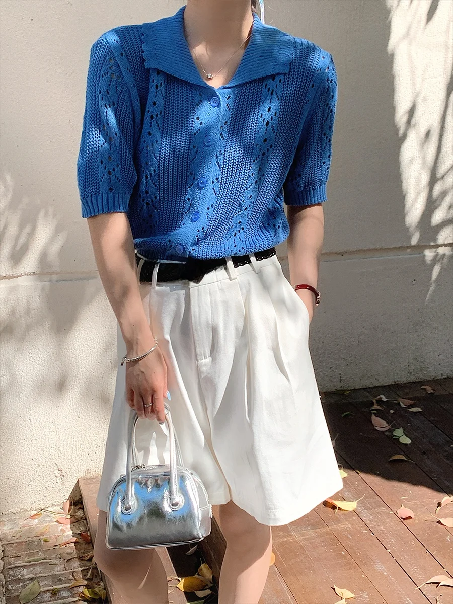 

Blue Knitted ort Sve T-irt Women's Small Size Spring Summer New Sle Versatile Gentle Wind ort Top Henry Collar Design