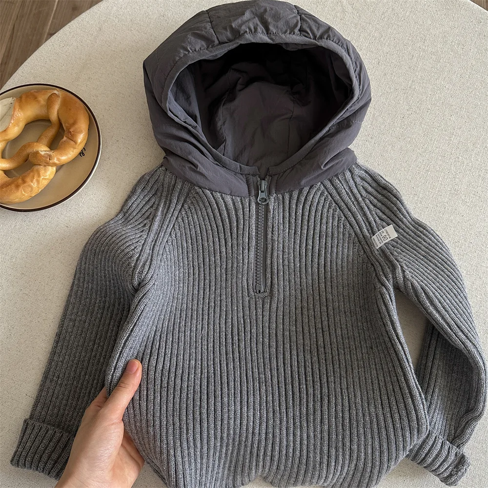 

Korean Boys' Knitted Sweater Sweatshirt 2025 Autumn and Winter New Style Children's Half Zipper Hooded Sweater Top