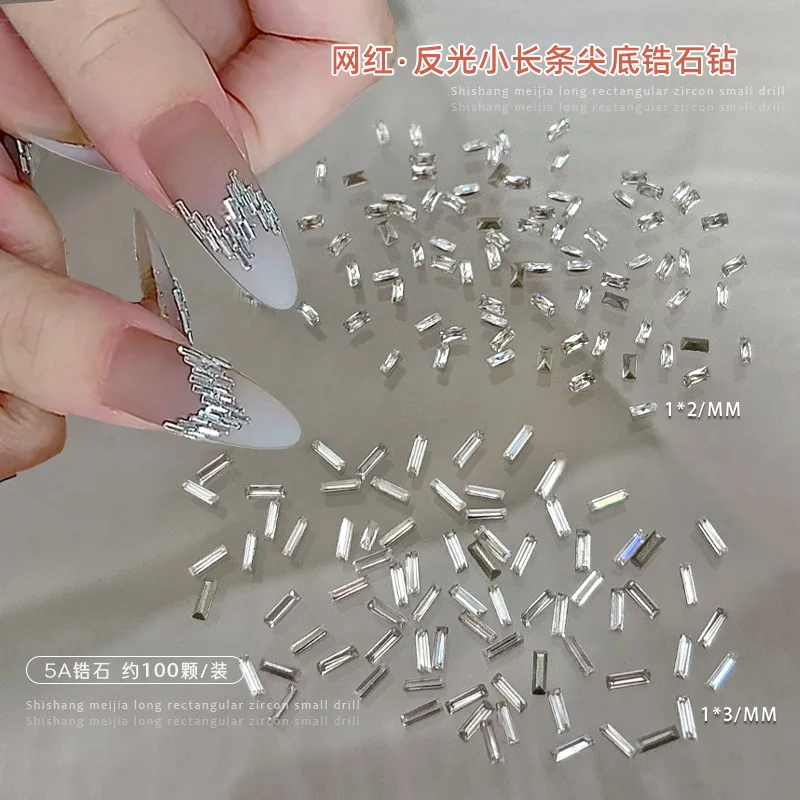 

100PCS Reflective Sparkle 5A Mini Zircon Thin Rectangle White Diamonds Strip Nail Art Rhinestones Decorations Manicure Charms