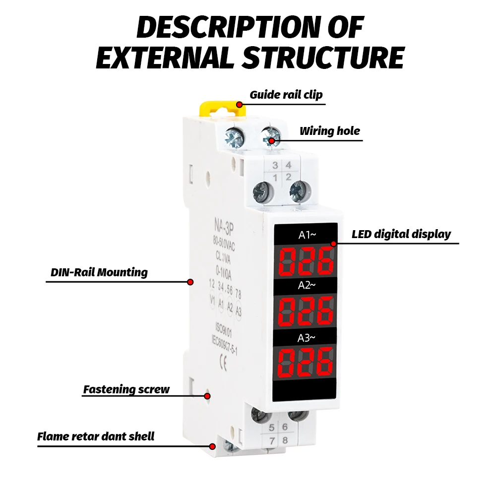 Medidor de amperios trifásico de montaje en Riel Din, Mini Indicador de corriente Modular, pantalla Digital LED, amperímetro Detector, CA 1-100A