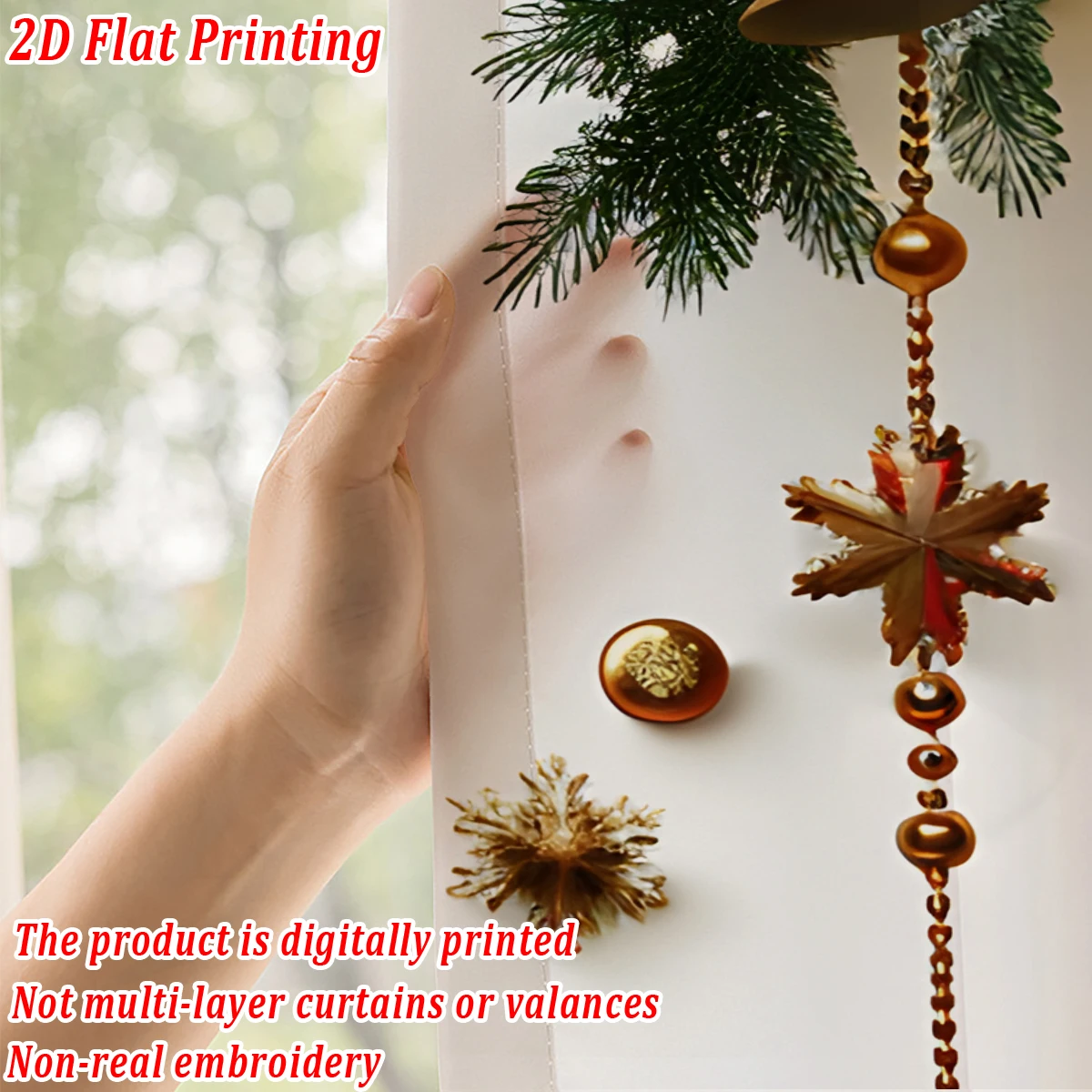 Christmas Flat Printing Sheer Curtain with Luxury Christmas baubles, Poinsettia，for Living Room Bedroom Door Windows Decor