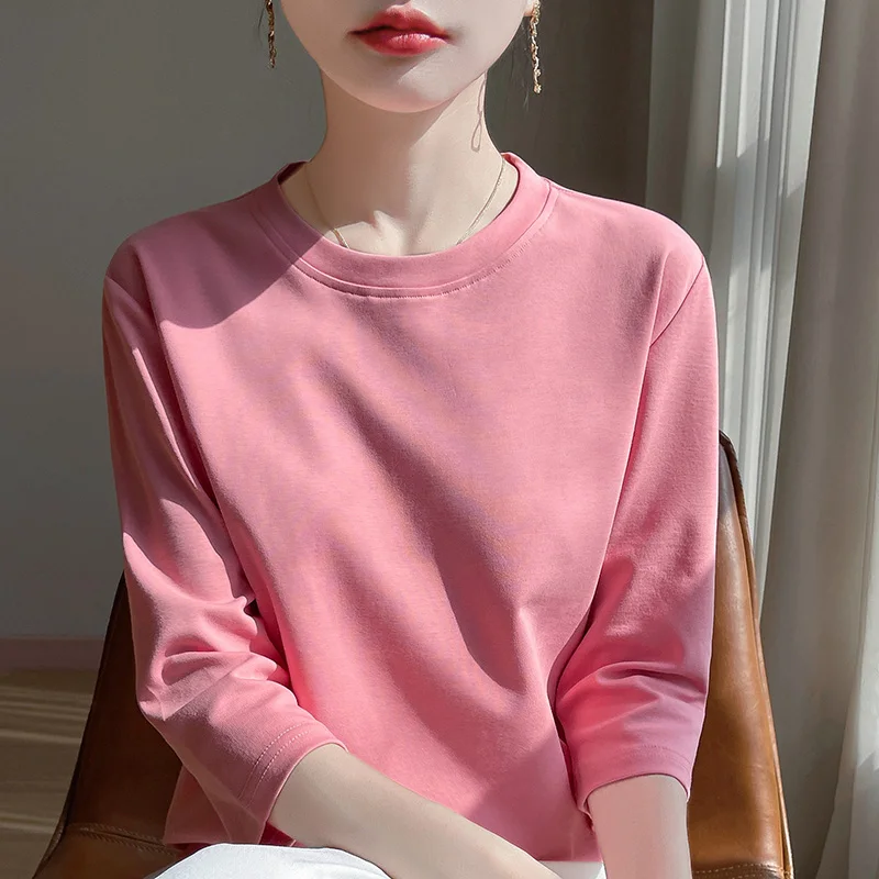 Summer Cotton Short-Sleeved T-Shirt Women's Round Neck Seven-Point Sleeves Loose Mercerized Cotton Half-Sleeve Shirt New T-shirt image 2