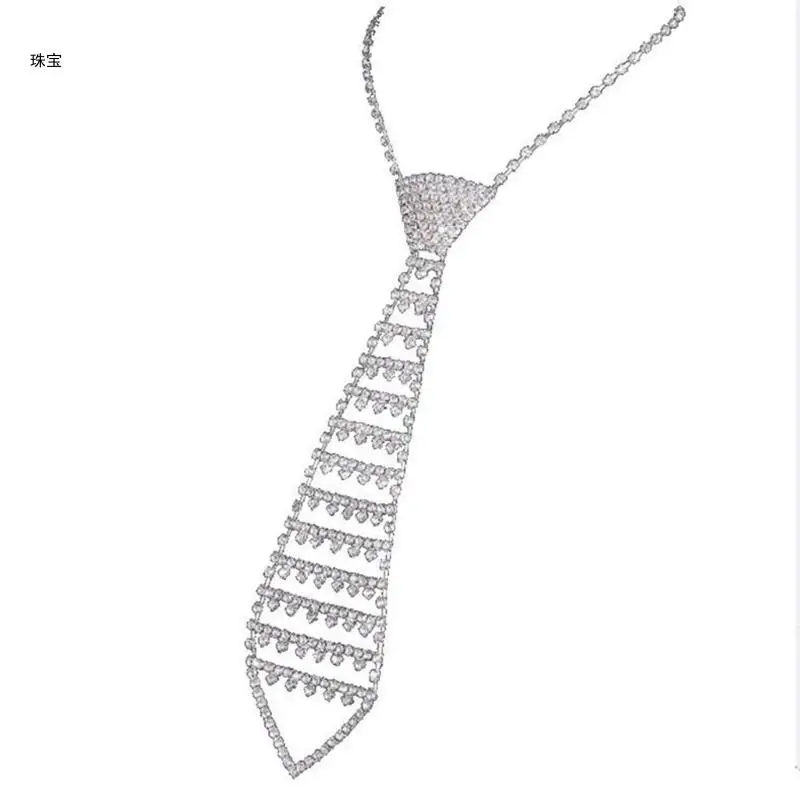 

X5QE Necktie Necklace with Eye-catching Full Rhinestones for Club Carnivals Music Festival Shows Cool Pre-Tied Necktie