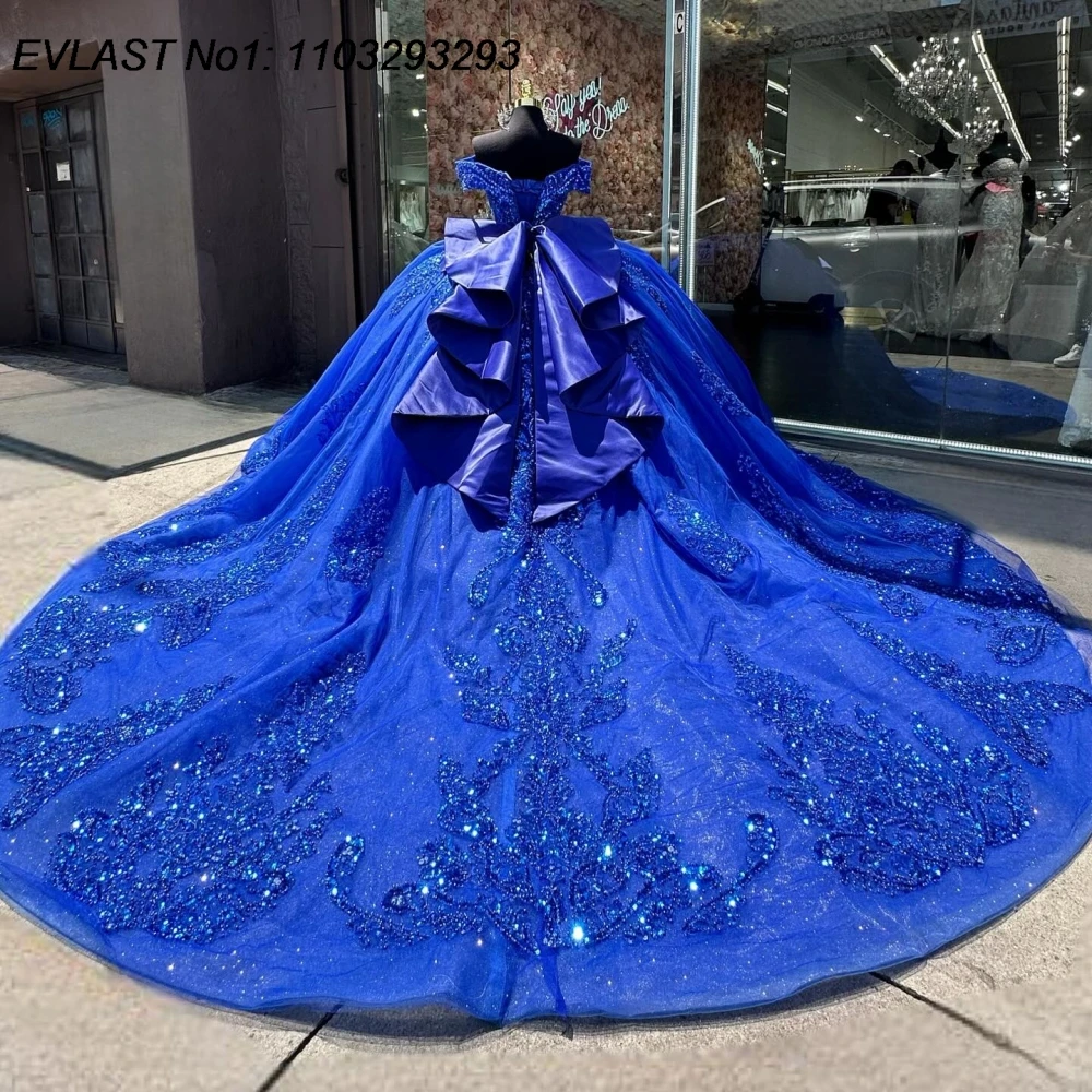 EVLAST Customized Elegant Royal Blue Ball Gown Quinceanera Dres Lace Applique Beading Bow Sweet 16 Vestidos De 15 Anos E1Q983