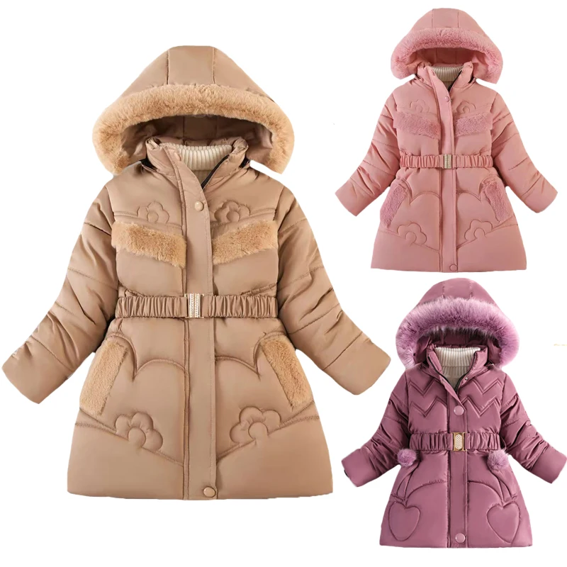 Chaqueta larga de invierno para niñas, forro polar bereber de Color sólido, abrigo grueso con capucha y cremallera para niñas adolescentes de 4 a 10 años, traje de nieve de algodón 2025