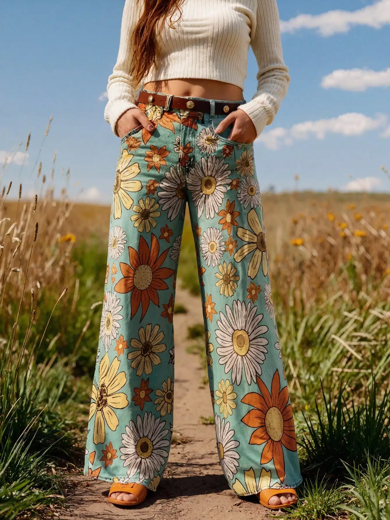 

Женские винтажные джинсы с цветочным принтом, широкие брюки с высокой талией и карманами для фестивалей и прогулок