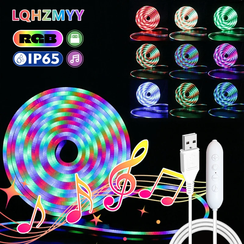 1m -- 10m Rgb Neon Led Light Strip Kit, with Four-Key Music Function Switch, Three-Color Changing Effects, Three-Color Flowing Effects, Adjustable Light Brightness, USB Interface, Sound-Sensing Mode, Lights That Dance