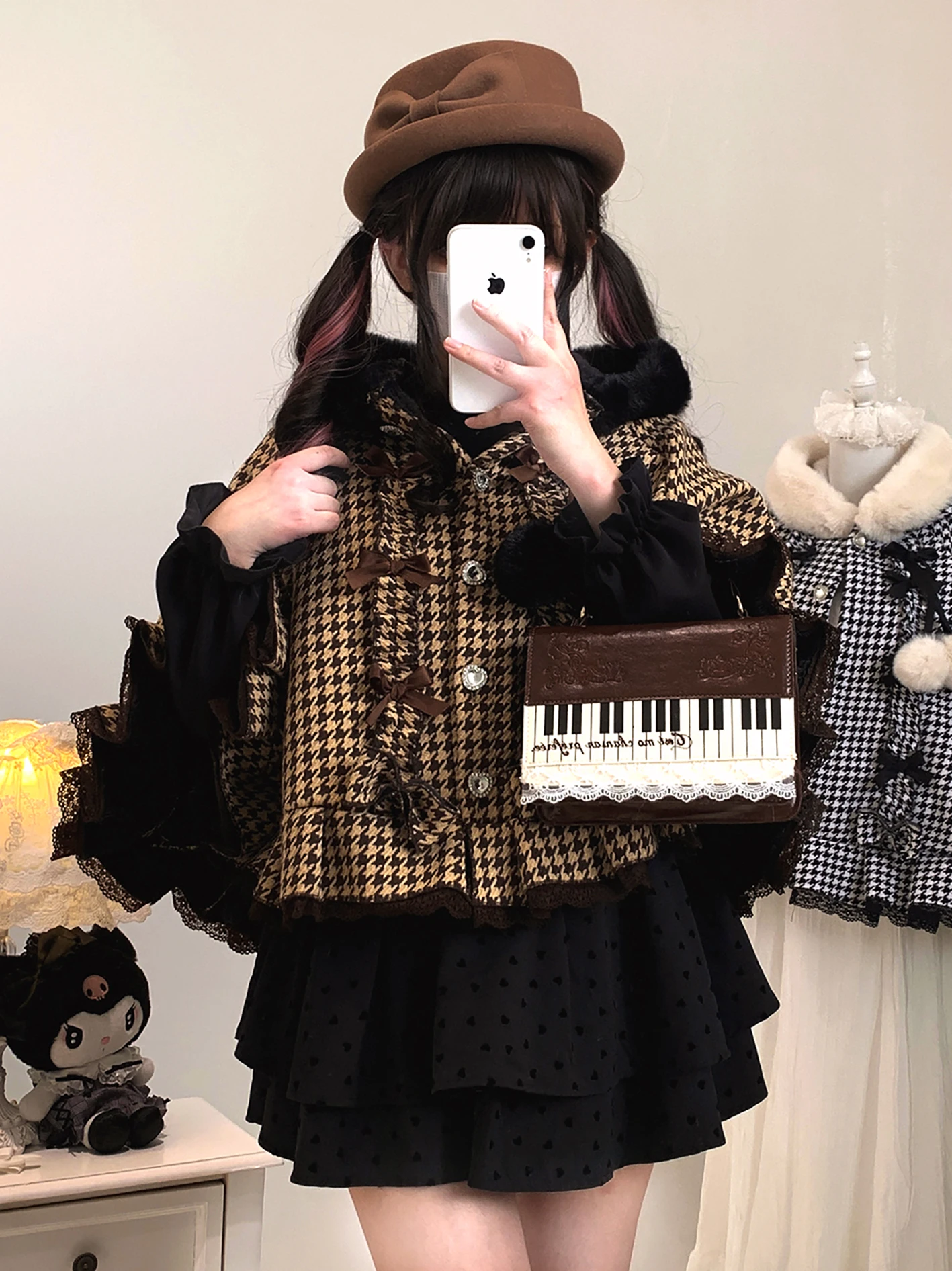 Originele Mijn Bruine Plaid Lolita Kapmantel Winter Nieuwe Meisje Leuke Strik Pluche Warme Y2K Capes Poncho's Japanse Korte Jas 2025