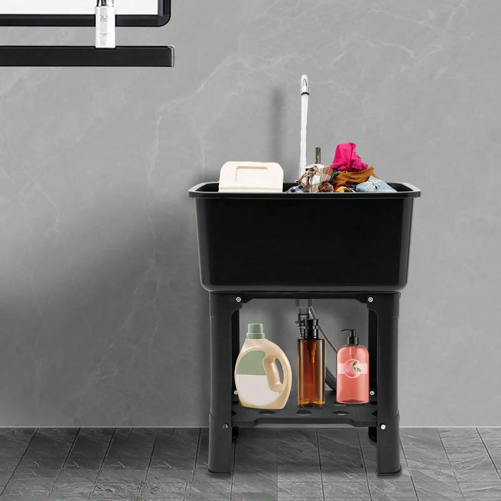 

48L/12.68gal Freestanding Utility Sink With Storage Shelf And Faucet Black