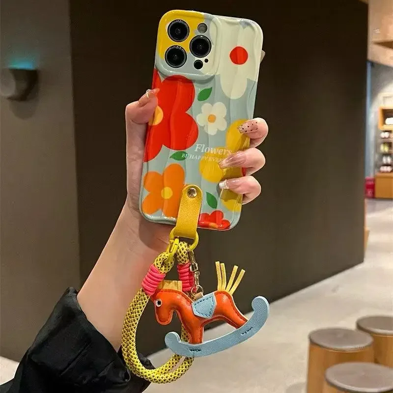 

Для iPhone 15, 16, 14, 13, 12, 11 Pro Max, маленький желтый цветок, троянский конь, орнамент, ремешок через плечо, защитный чехол от падения