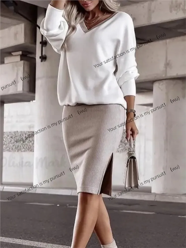 ZOCI-Autumn and Winter Casual Loose V-Neck Sweater Women's Fit Skirt Long Sleeve Top Two-piece Set New Fashion Holiday Set