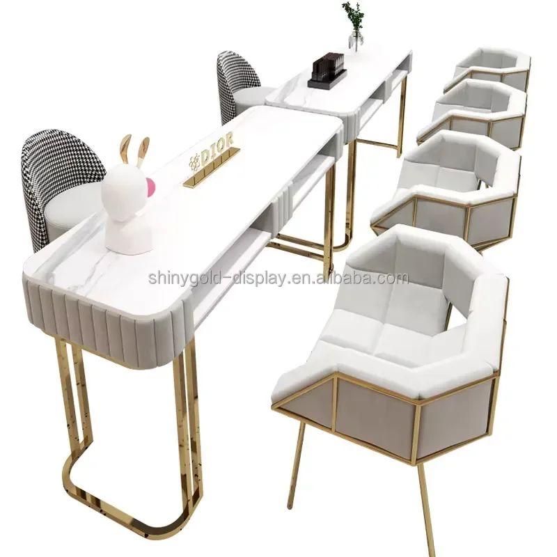 Luxury Double Manicure Table Marble Nail Desk Chair Set Professional Beauty Salon Furniture Station