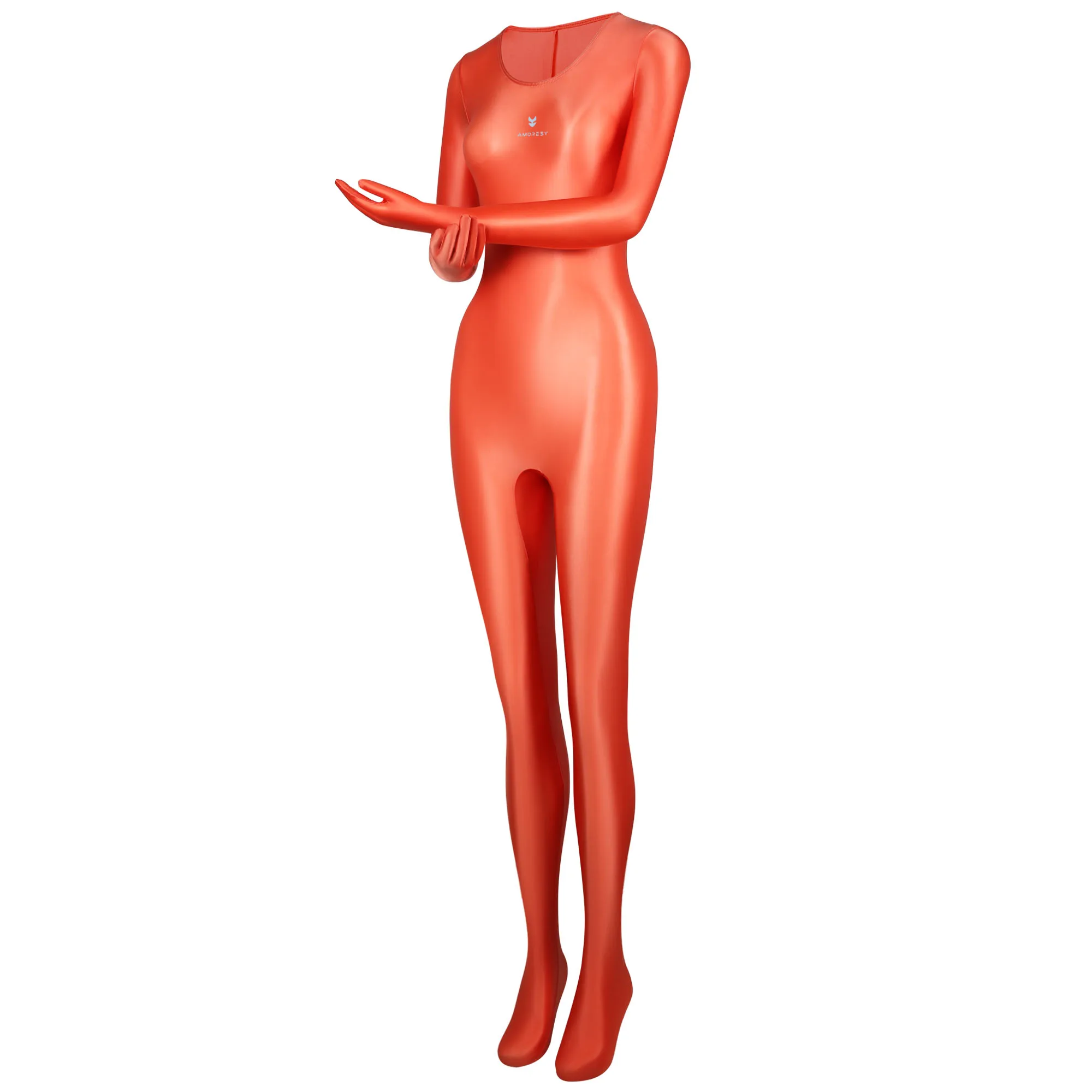 AMORESY dünner, glänzender, ölig glatter, farbenfroher Ganzkörper-Jumpsuit, einfarbig, Rundhalsausschnitt mit Handschuhen, lange Ärmel, Strumpfhose – Detail 15