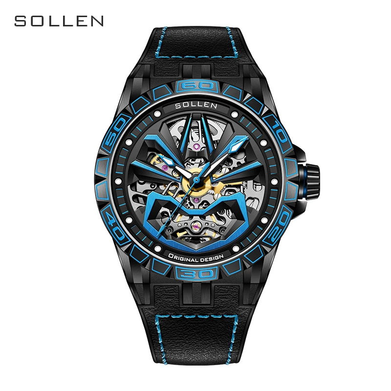 Luxury Brand SOLLEN Import Automatic Mechanical Sapphire Men's Watches Luminous 50M Waterproof Skeleton Smiling face Clock SL328