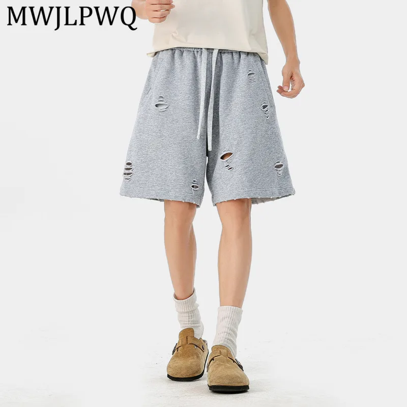 MWJLPWQ American Street Style Gray Ripped Casual Pants Men New Summer Trend Distressed Washed Loose Unisex Wide-Leg Shorts 15840