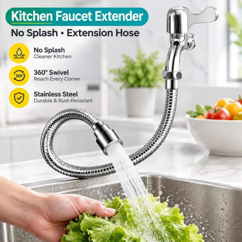 Stainless Steel Telescopic Tap Extension Nozzle, Swivel Splash‑resistant Outlet Pipe, Rotatable Household Coupling Sprinkler