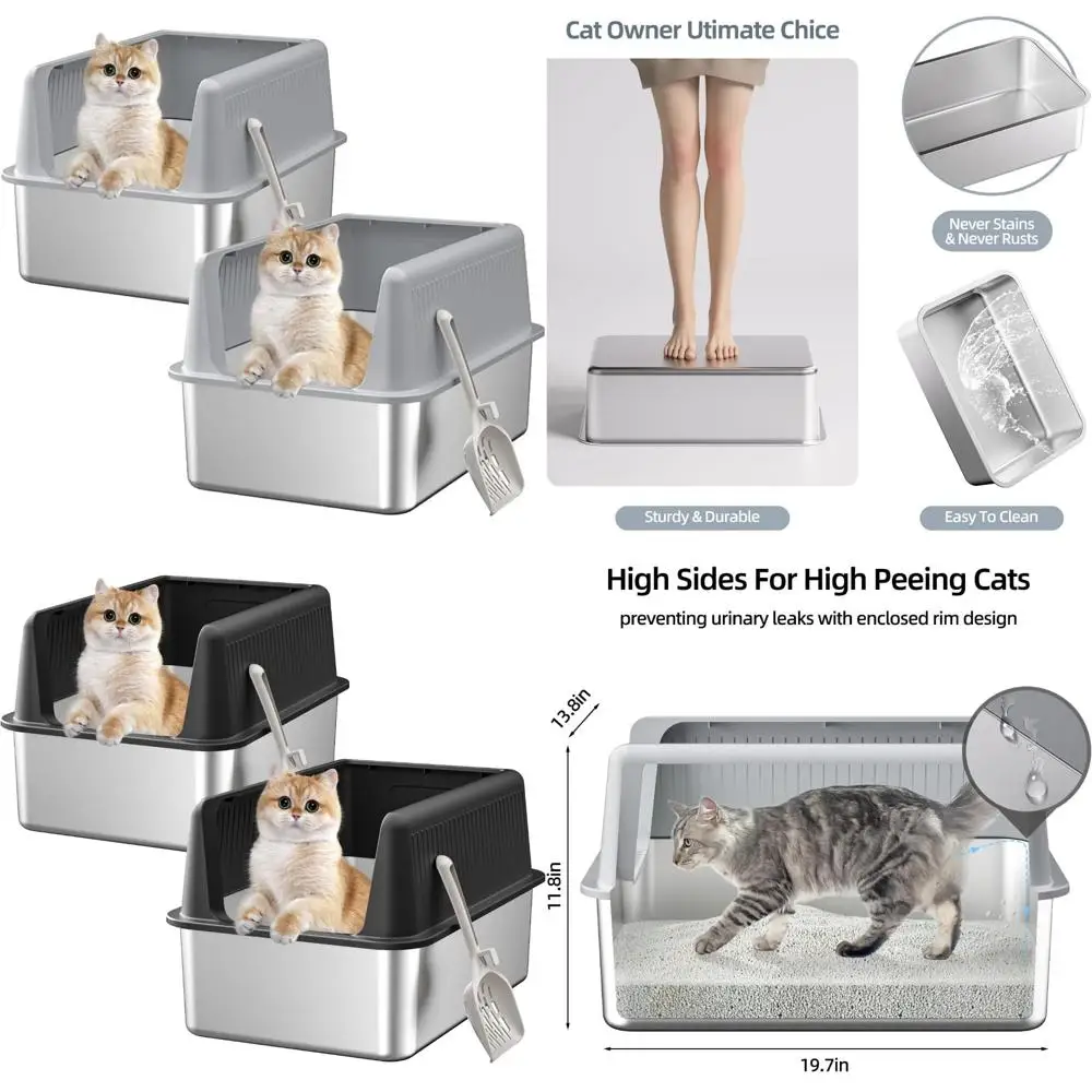 صندوق فضلات القطط من الفولاذ المقاوم للصدأ مع غطاء، حاوية معدنية كبيرة للقطط الصغيرة والمتوسطة، الطول 19.7 × 13.8 العرض × 11.8 الارتفاع