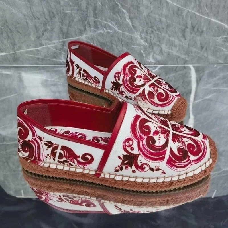 Hanf Seil Strick druck Wohnungen blau und weiß Porzellan runde Zehen Retro-Stil Frauen Herbst prägnante Pumps Zapatos Para Mujere
