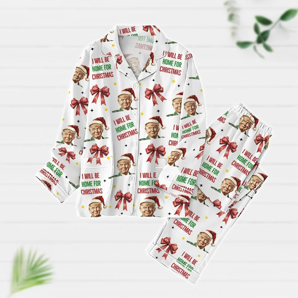 بدلة نسائية مكونة من قطعتين مطبوعة على شكل شجرة عيد الميلاد بأكمام طويلة وأزرار لأعلى، طقم سراويل واسعة الساق، بيجامة مريحة، بدلة كاجوال منزلية