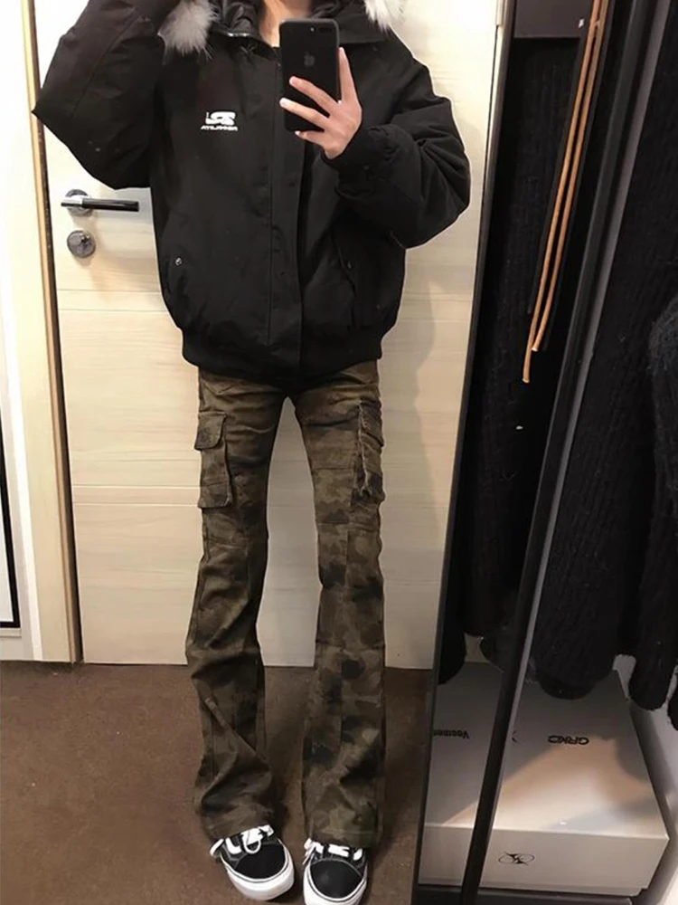 

American Retro Men's Slim Fit Cargo Pants Spring Autumn Zlayco Multi ket Workwear Camouflage Straight Leg Micro Flared Pants