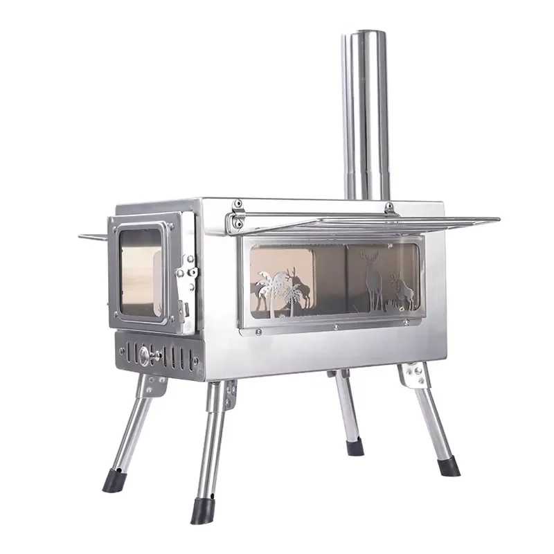 Portable Folding Double-sided Patterned Glass Stainless Steel Outdoor Camping Wood Stove Heating Kitchen