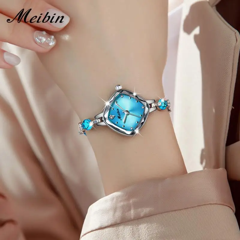 Square MEIBIN 2023 Women Watches Small Green Dial Luxury Brand Rhinestone Ladies Wrist Watches Women Bracelet Rose Gold Watches