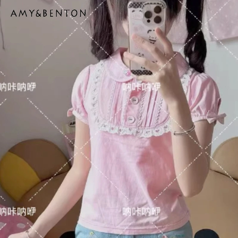 

Japanese Cute Sweet Subculture Women's Clothing 2026 Spring Summer New Pink Y2k Kawaii Age Reduction Versatile T-shirt Ladies