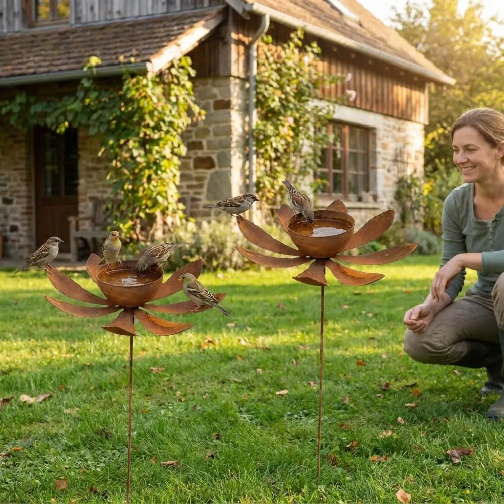Flower Shape Metal Garden Birdbath Ground Insert Rusty Bird Feeder Standing Handmade Iron Art Butterfly Bath Bowl