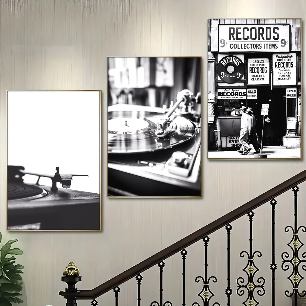 3 Piece Vintage Vinyl Canvas Art Frameless Vintage Metal Wall Decor Living Room Decor Colorful Music Room Phonograph Photo