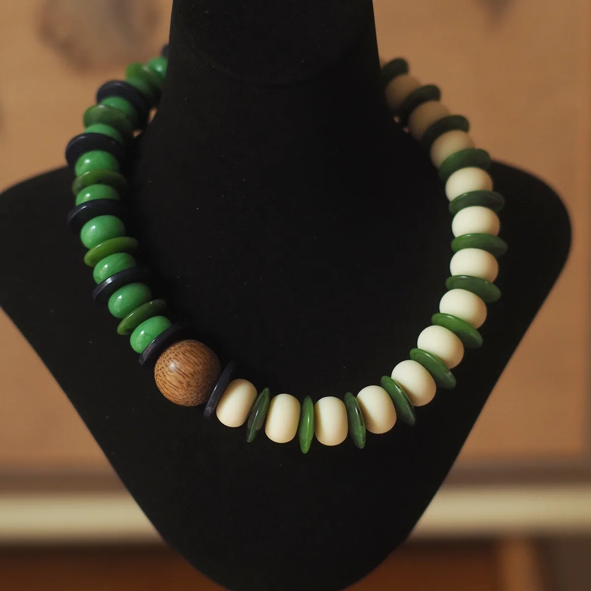 Green Coconut Wood Artisan Necklace - Western-Vintage Heavy-Handcrafted, Colorful Beaded Niche Jewelry