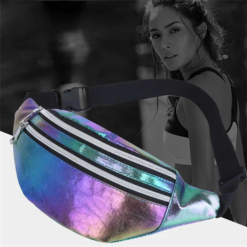 Fanny Packs Unisex Women Men Sliver Laser Waist Bags Geometric Chest Phone Pouch PU Beach Traverl Bum Zip Waistbags