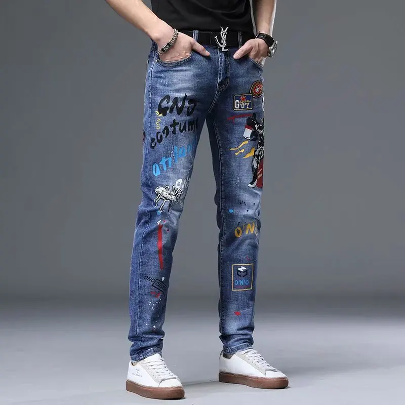 New Straight Graffiti Jeans Man Pants Spring Summer Boyfriend Slim Jeans Streetwear Skinny Zips Blue Cacual Long Denim Trousers